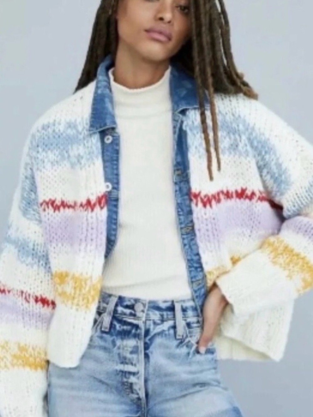 Anthropologie Grazia Cream Chunky Knit Cardigan with Multicolor Stripes